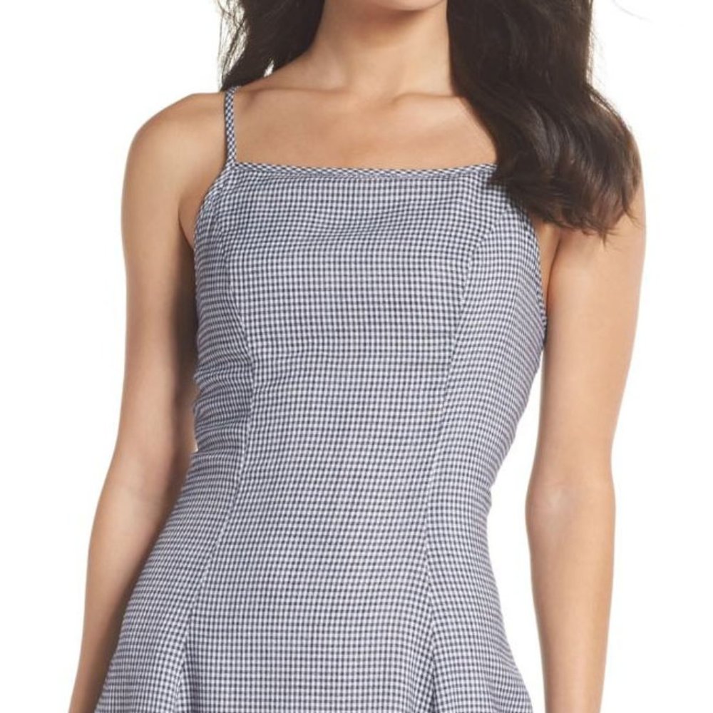 First Monday Navy Gingham Laced Up Skater Dress - Picture 3 of 7